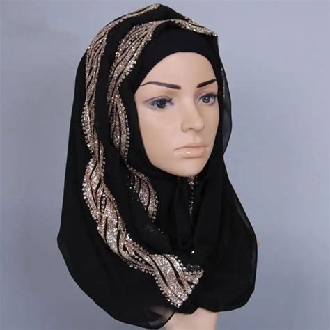 Women Sequin Slip On Bead Embedded Muslim Turban Hijab Scarf