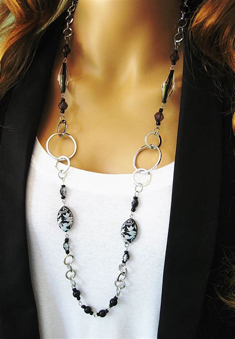 Black Beaded Necklace Chunky Silver Chain Long Beaded Necklace Black