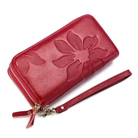 Womens Double Zipper Embossed Long Wallet Cowhide Leather Hand Wallet