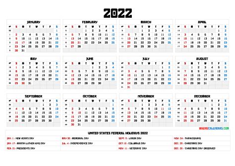 Free Printable 2022 Calendar With Holidays Calendar 2022 Us Federal