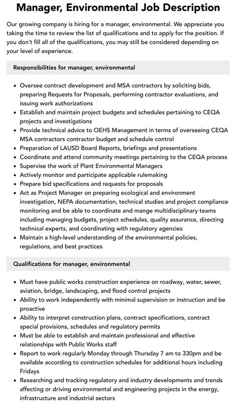 Manager Environmental Job Description Velvet Jobs