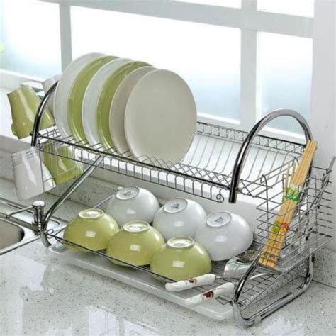 Dish drainers usually hold dishes in vertical positions and allow gravity's pull on the moisture do the rest. Adeeing Large Capacity Stainless Steel 2 Layer Dish ...