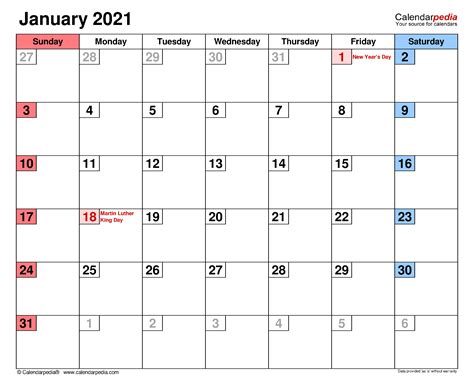 January 2021 Calendar Printable Template