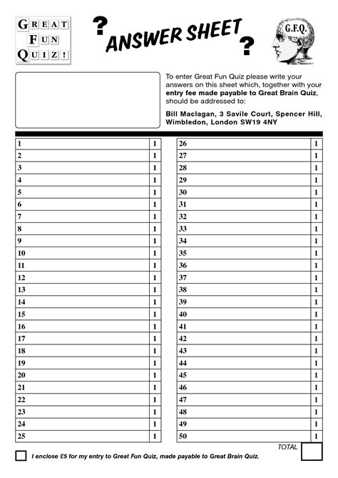 Blank Answer Sheet Template 1 50 Database