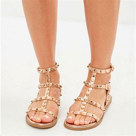 Missguided Shoes Rose Gold Dome Stud Gladiator Sandals Color Gold