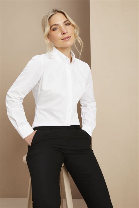 Womens Long Sleeve Button Down Collar Shirt White Simon Jersey