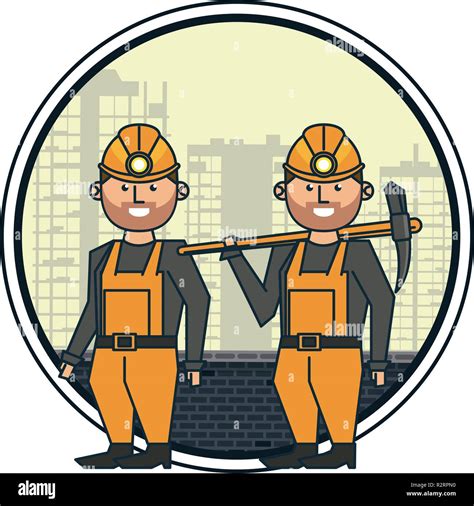 Mining Workers With Helmets And Picks Over Cityscape Round Icon Vector