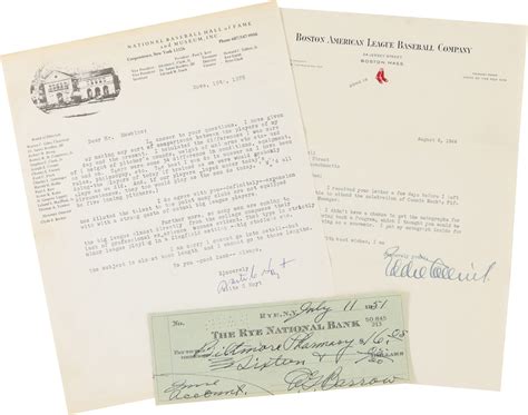 Hall Of Fame Letter And Check Collection 3 Collins Hoyt And Barrow