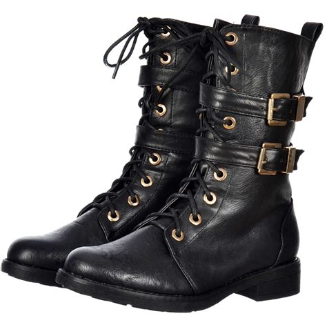 Womens Ladies Military Boots Army Combat Ankle Lace Up Flat Biker Zip
