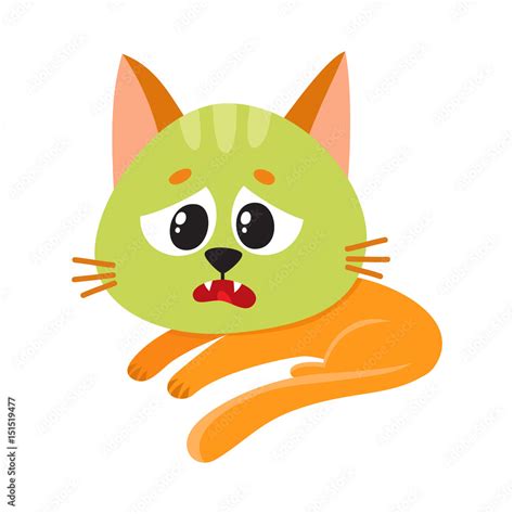Vecteur Stock Little Red Cat Kitten Feeling Sick To Stomach Green
