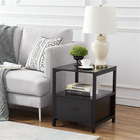 VECELO Modern End Table With Drawer And Shelf Black Nightstand Accent Table For Living Room