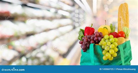 Fresh Fruits And Vegetables In Shopping Bag With Supermarket Grocery