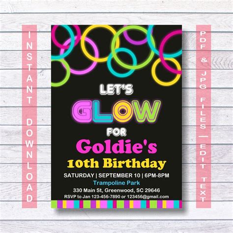 Glow Party Invitations Neon Glow Invitation Template Instant Etsy