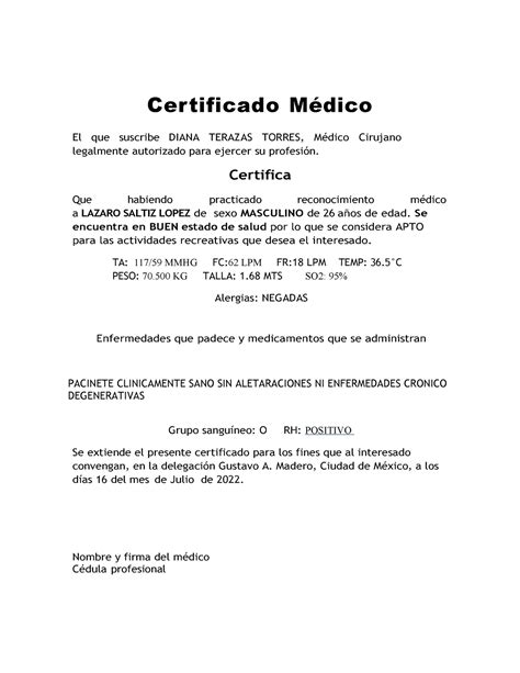 Certificado Medico Certificado Medico Certificado Médico El Que