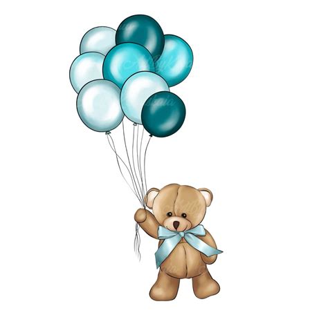 A Brown Teddy Bear Holding Blue And White Balloons