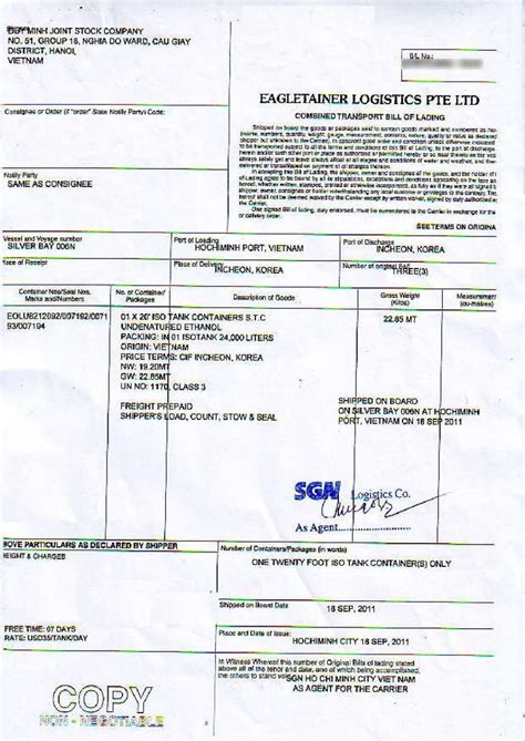 B/l, manifest, hague rules, consignor, bill of lading, clean bill of landing, war risk clause 1, srbl, duplicate bill of landing, acquiescence, amended baltimore_form_c charter bill charter_party form standard bill_of_lading grain lading. BL for Korea - Duyminhjsc-The leading ethanol exporter in ...