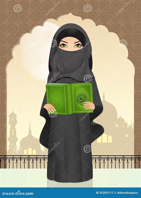 Muslim Girl With Islam`s Holy Book The Koran Stock Illustration