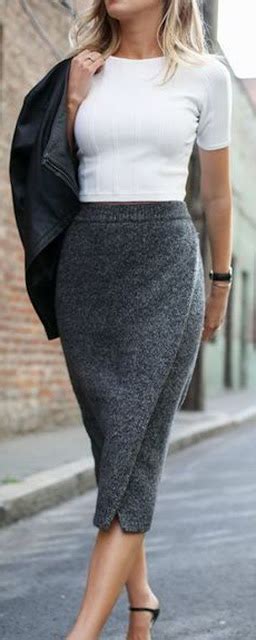 street style white crop top leather jacket and grey pencil skirt just a pretty style
