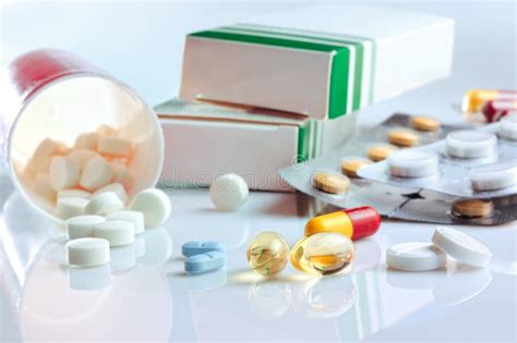 Glass Table With Pills Blisters And Containers Stock Image Image Of