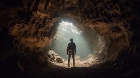 Premium Ai Image A Man Stands In A Cave With The Light Shining On Him