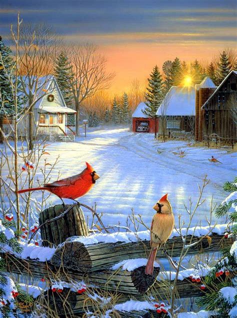 Winter Afternoon By Sam Timm ~ Cardinals On Fence ~ Sunset ~ Farmhouse ~ Barn Winter