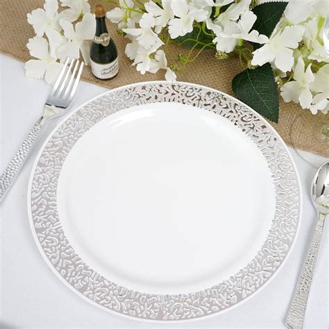 10 Pack 10 White Round Disposable Plastic Dinner Plates With Silver