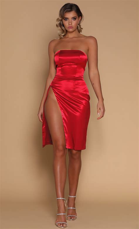 Satin Seduction Strapless Side Slit Midi Dress 2 Colors Available Burgundy Midi Dress