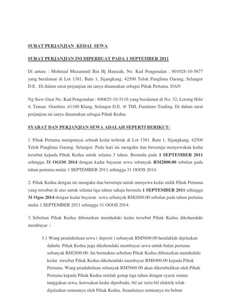 Contoh Surat Perjanjian Sewa Kedai Atau Rumah