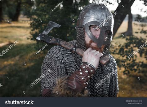 Portrait Medieval Viking Warrior Full Armor Stock Photo 1259204842