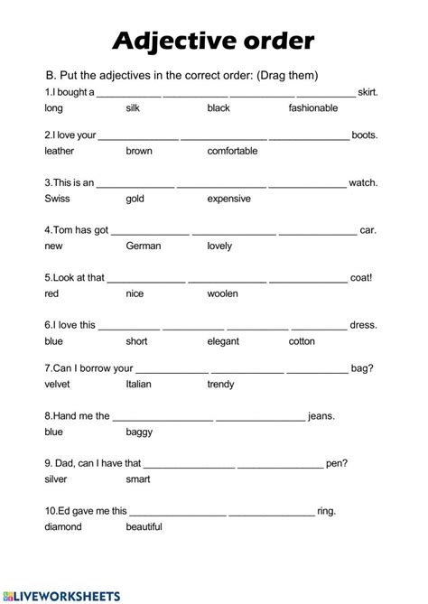 Adjective Order Interactive Worksheet Order Of Adjectives Adjective