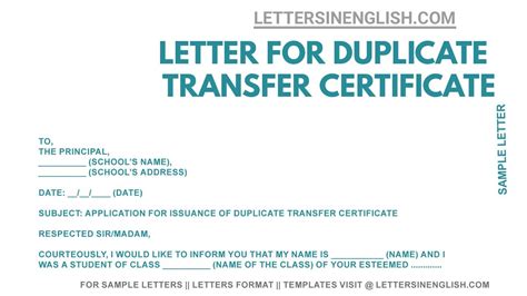 Letter For Duplicate Transfer Certificate From School Application For