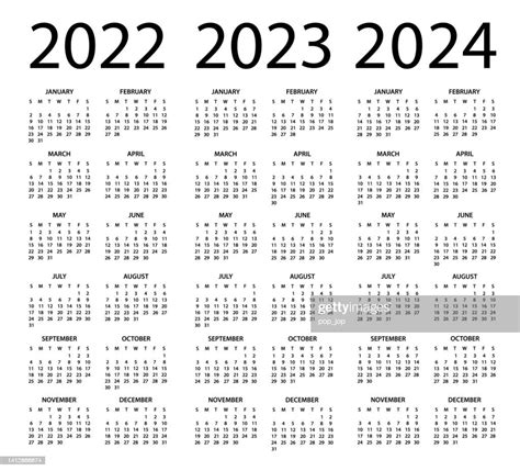 Calendar 2022 2023 2024 Vector Illustration Week Starts On Sunday High