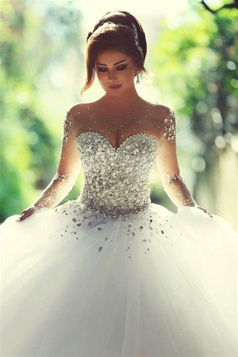 White Wedding Dress With Sheer Long Sleeves Beaded Crystals Wedding
