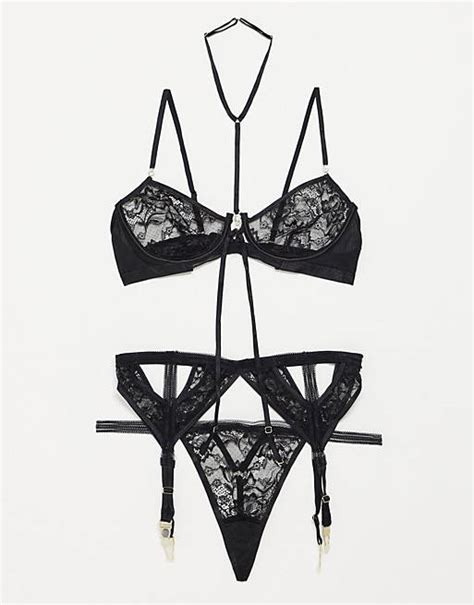 Ann Summers Uptown Girl 3 Piece Lace V Wire Bra Thong And Suspender