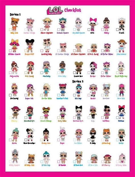 The Lol Dolls Checklist Is Shown In Pink And White With Lots Of