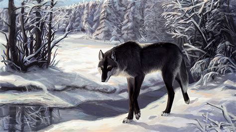 Wallpaper Wolf Snow Animals Painting Art 1366x768