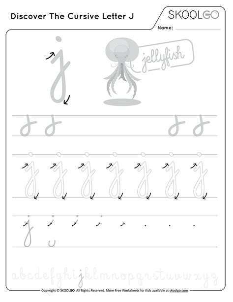 This page shows an example of the letter j. Discover The Cursive Letter J - Worksheet by SKOOLGO.com