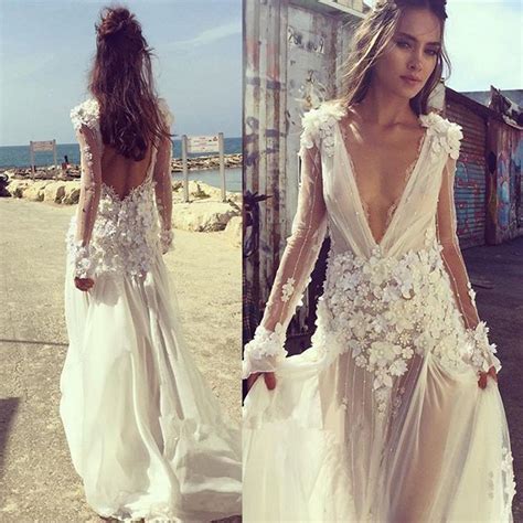 Mermaid spaghetti straps lace beach wedding dress. Sexy Boho Beach Wedding Dress 2018 V Neck Long Sleeves ...
