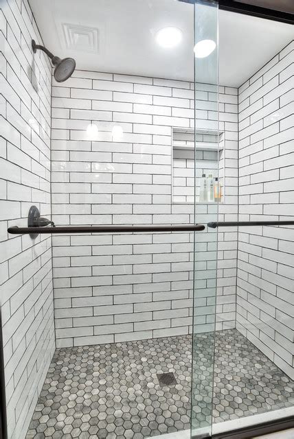 White Subway Tile Guest Shower Country Bathroom New York By