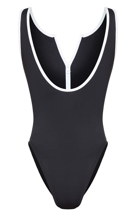 Black Contrast Zip Front Scuba Swimsuit Prettylittlething Usa