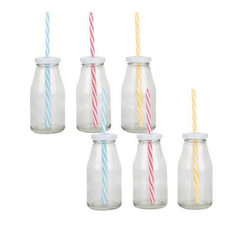 Set Of Six Milk Bottles With Straws And Lids