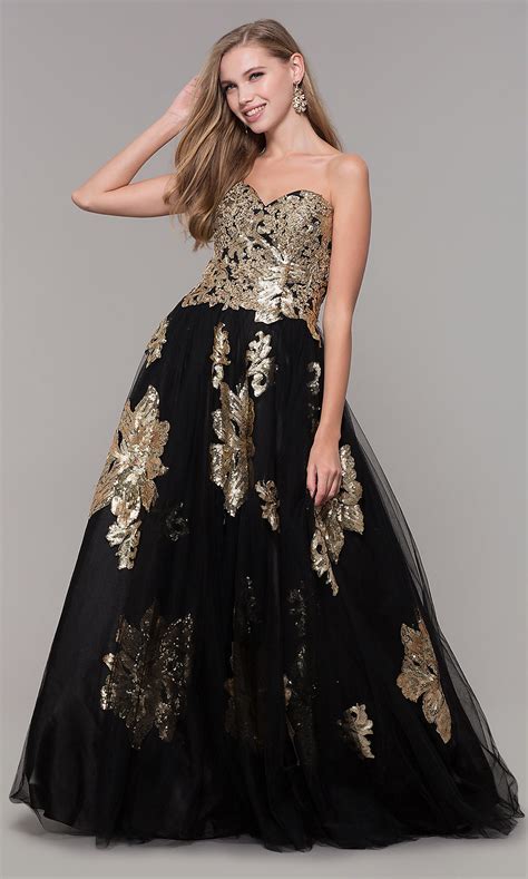 Long Sequin Accented Black Sweetheart Prom Dress