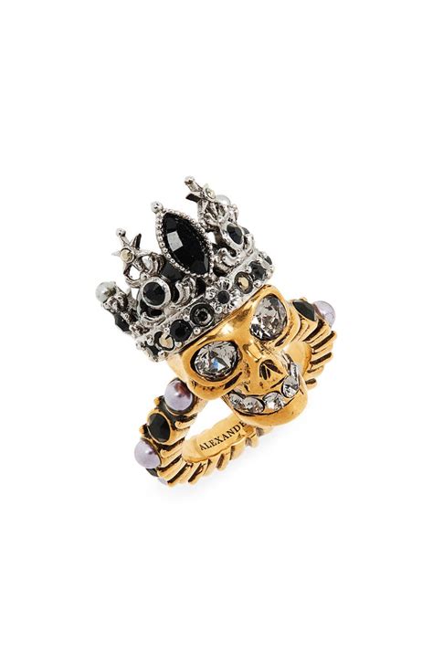 Alexander Mcqueen Queen Skull Crystal And Pearl Embellished Ring In