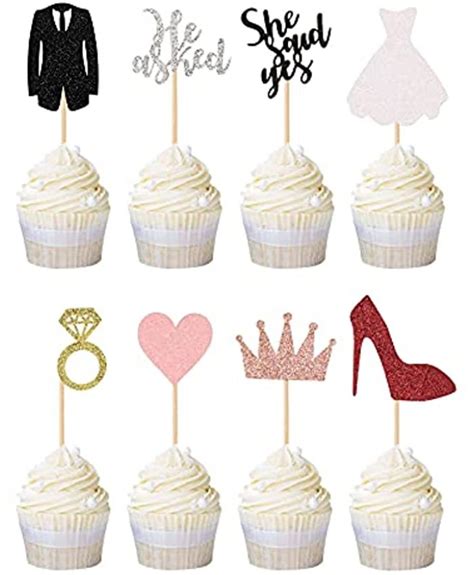 He Asked She Said Yes Sign Cupcake Toppers Glitter Pink Heart Rose Gold Crown Diamond Ring