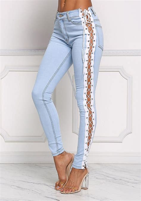 light denim side lace up skinny jeans boutique culture pantalones de moda trasformar ropa