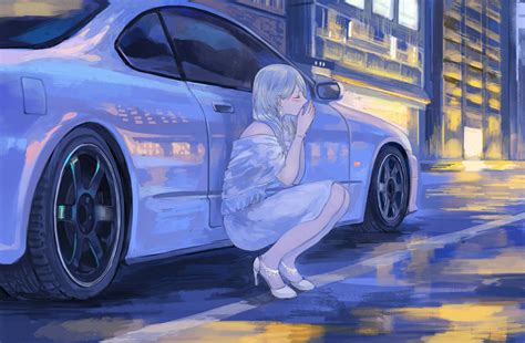 A Painting Of A Woman Kneeling Next To A Parked Car On A City Street At