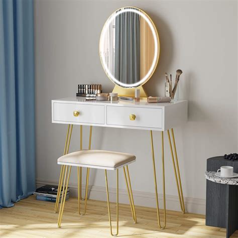 Buy Vanity Table Set With 3 Color Lighted Mirror And Stool Makeup Vanity