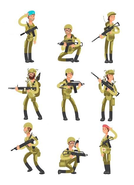 Soldados Dos Desenhos Animados Em Várias Ações Militares Com Armas