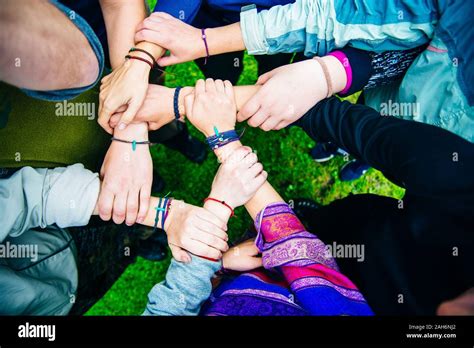 Young People Travellers Putting Their Hands Together Friends With