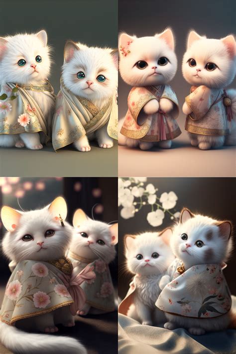 two beautiful cute cats wearing kimono yukata